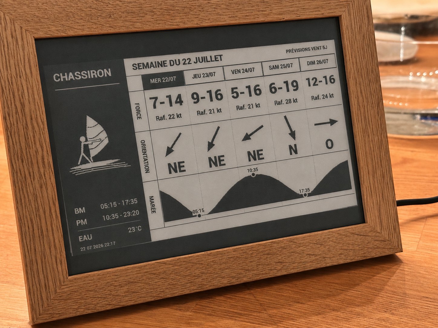 Wignet en cadre de chêne posé sur une table, affichant la prévision de vent de la semaine à Chassiron.